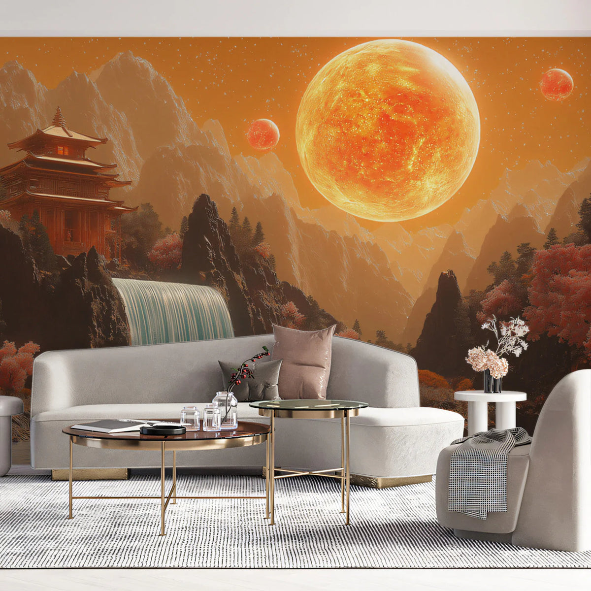 Celestial Pagoda Landscape Mural Wallpaper in Amber and Red Mural Wallpaper - pure wallpaper artwork