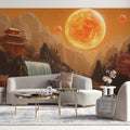 Celestial Pagoda Landscape Mural Wallpaper in Amber and Red Mural Wallpaper - pure wallpaper artwork