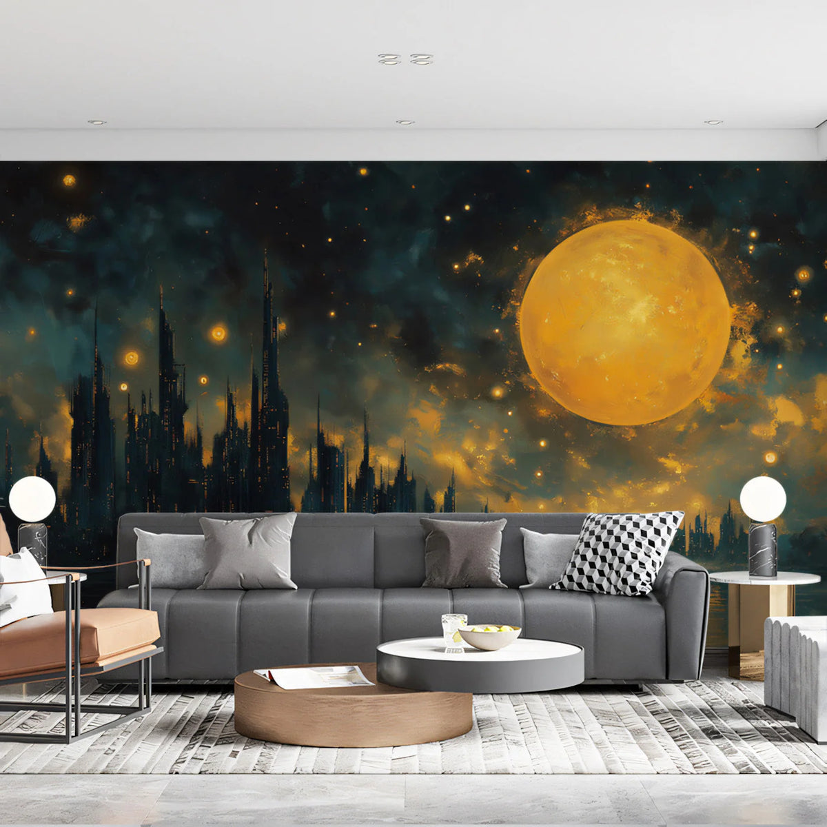 Celestial Cityscape Mural Wallpaper — Midnight Blue and Ochre Mural Wallpaper - pure wallpaper artwork