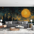 Celestial Cityscape Mural Wallpaper — Midnight Blue and Ochre Mural Wallpaper - pure wallpaper artwork