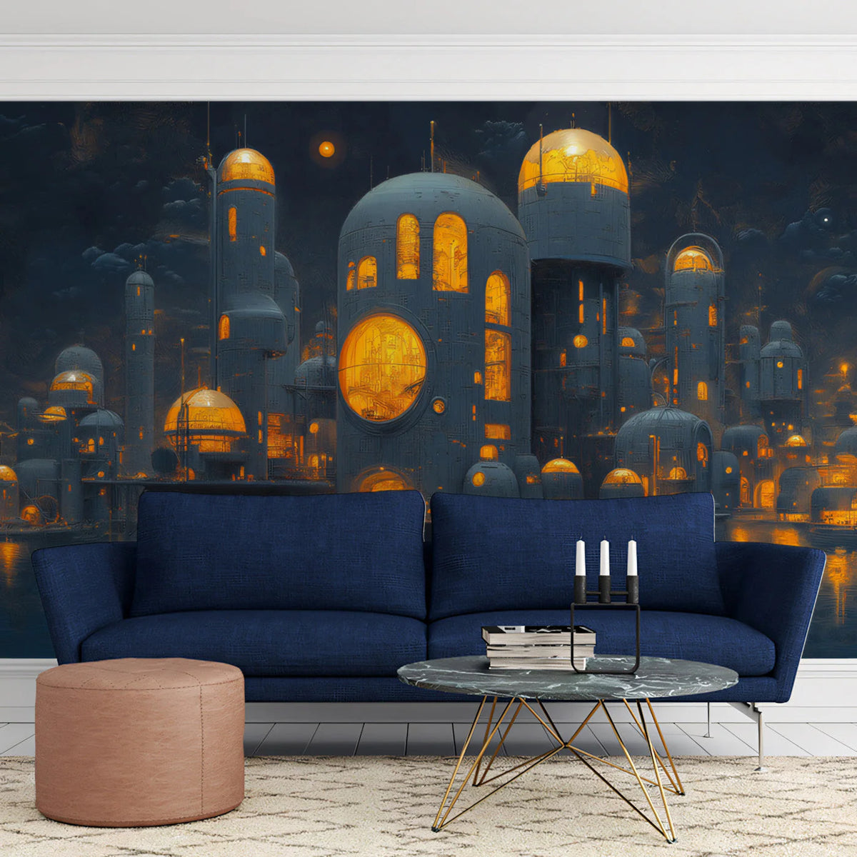Subterranean Lunar City Mural Wallpaper — Sci-Fi Urban Nocturne Mural Wallpaper - pure wallpaper artwork