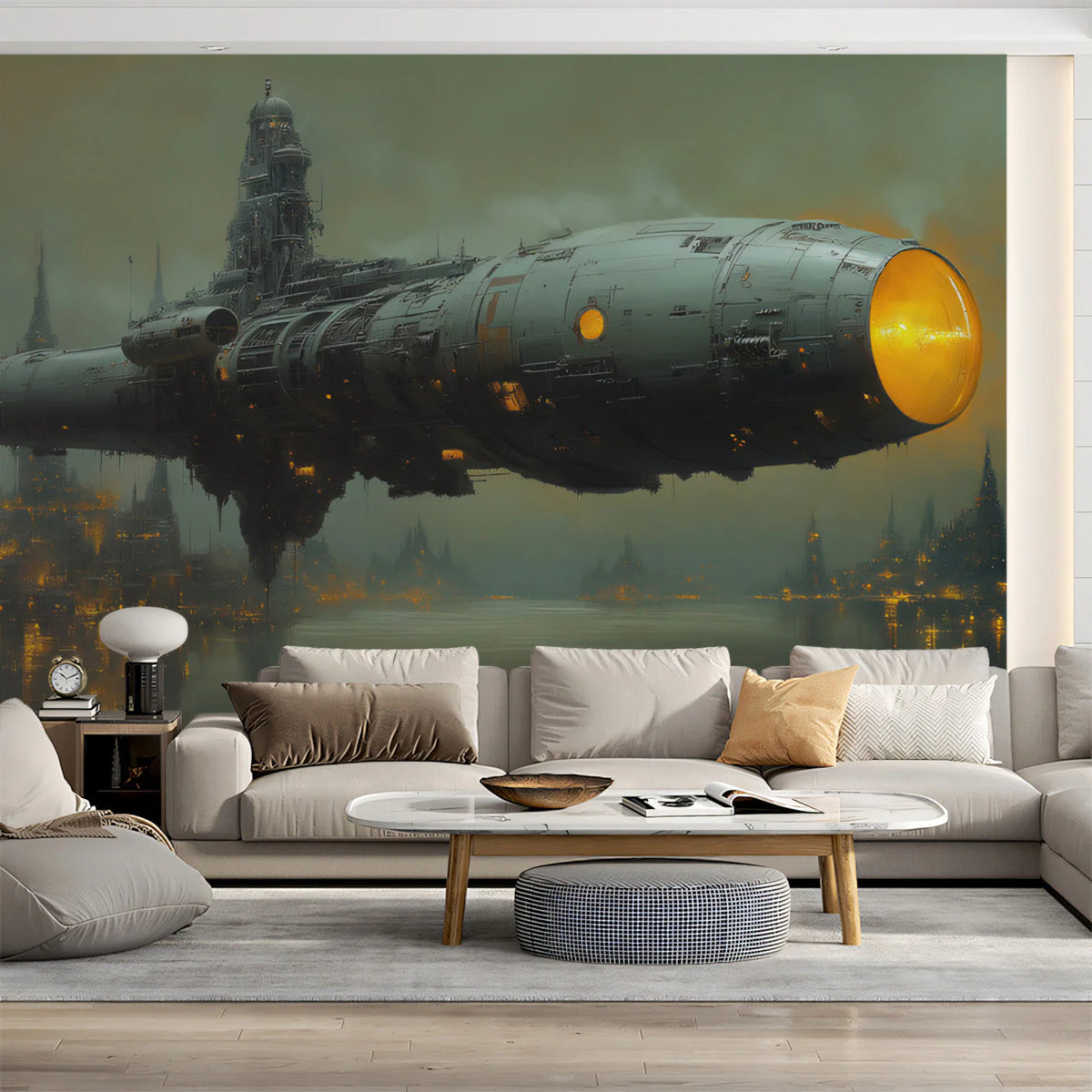 Floating Space Vessel Mural Wallpaper — Sci-Fi Cityscape Mural Wallpaper - pure wallpaper artwork