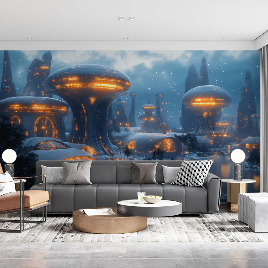 Neon Alien Cityscape Mural Wallpaper — Futuristic Night Glow Mural Wallpaper