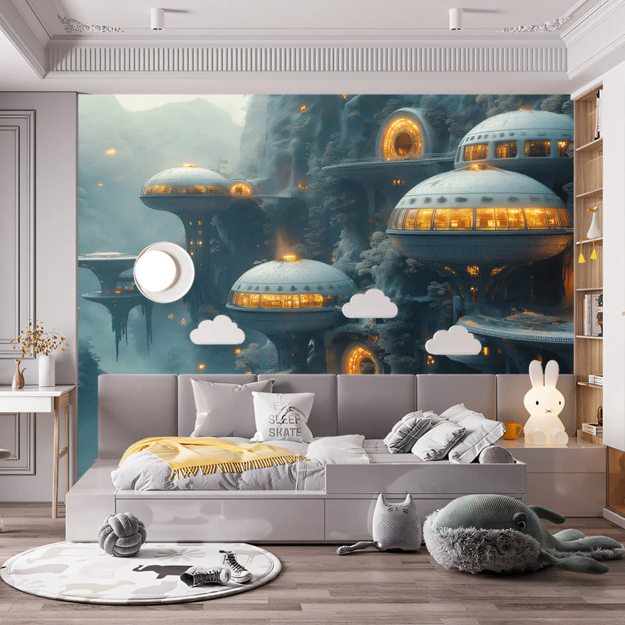 Futuristic Cliffside City Mural Wallpaper in Blue and Gold Mural Wallpaper