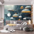 Futuristic Cliffside City Mural Wallpaper in Blue and Gold Mural Wallpaper - pure wallpaper artwork