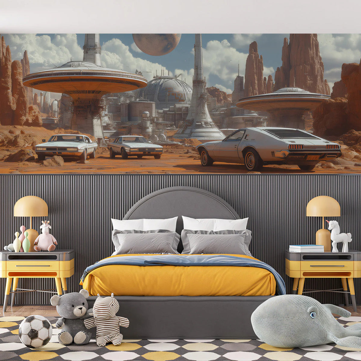 Retro-Futuristic Desert City Mural Wallpaper — Sci-Fi Scenery Mural Wallpaper - pure wallpaper artwork