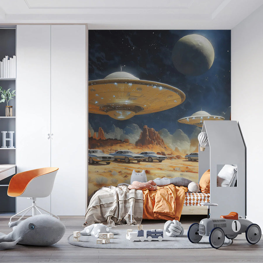 Retro Sci-Fi Desert Landscape Mural Wallpaper — Mid-Century Space Mural Wallpaper