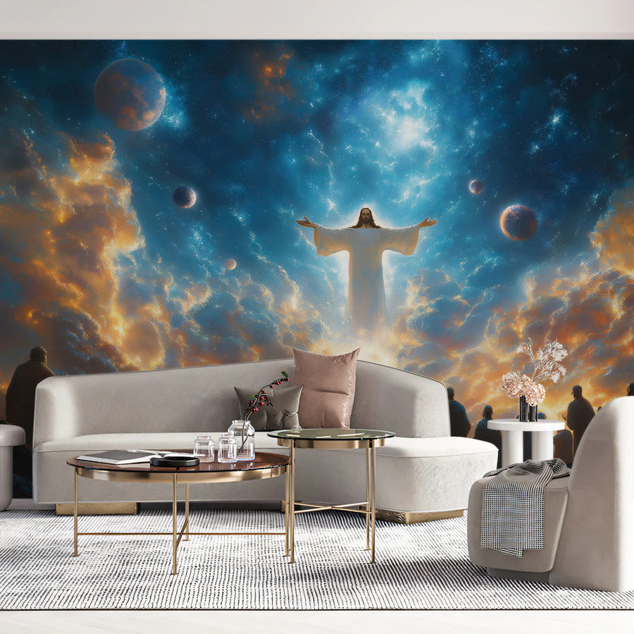 Celestial Ascension Mural Wallpaper — Blue and Golden Cosmic Sky Mural Wallpaper
