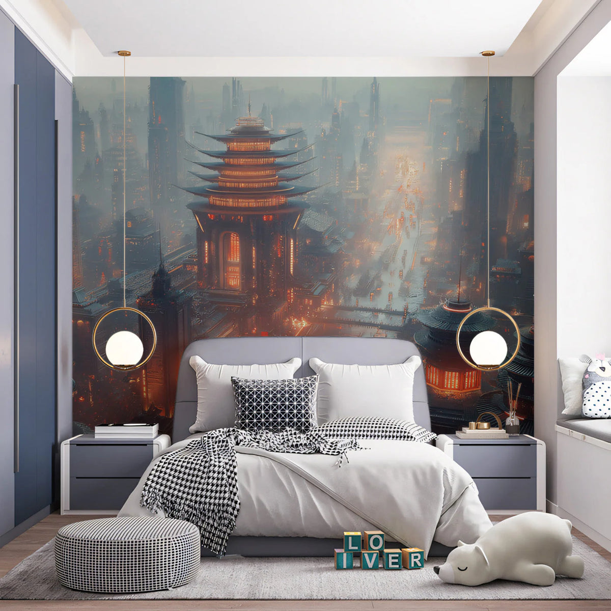 Cybernetic Pagoda City Mural Wallpaper — Futuristic Urban Design Mural Wallpaper - pure wallpaper artwork