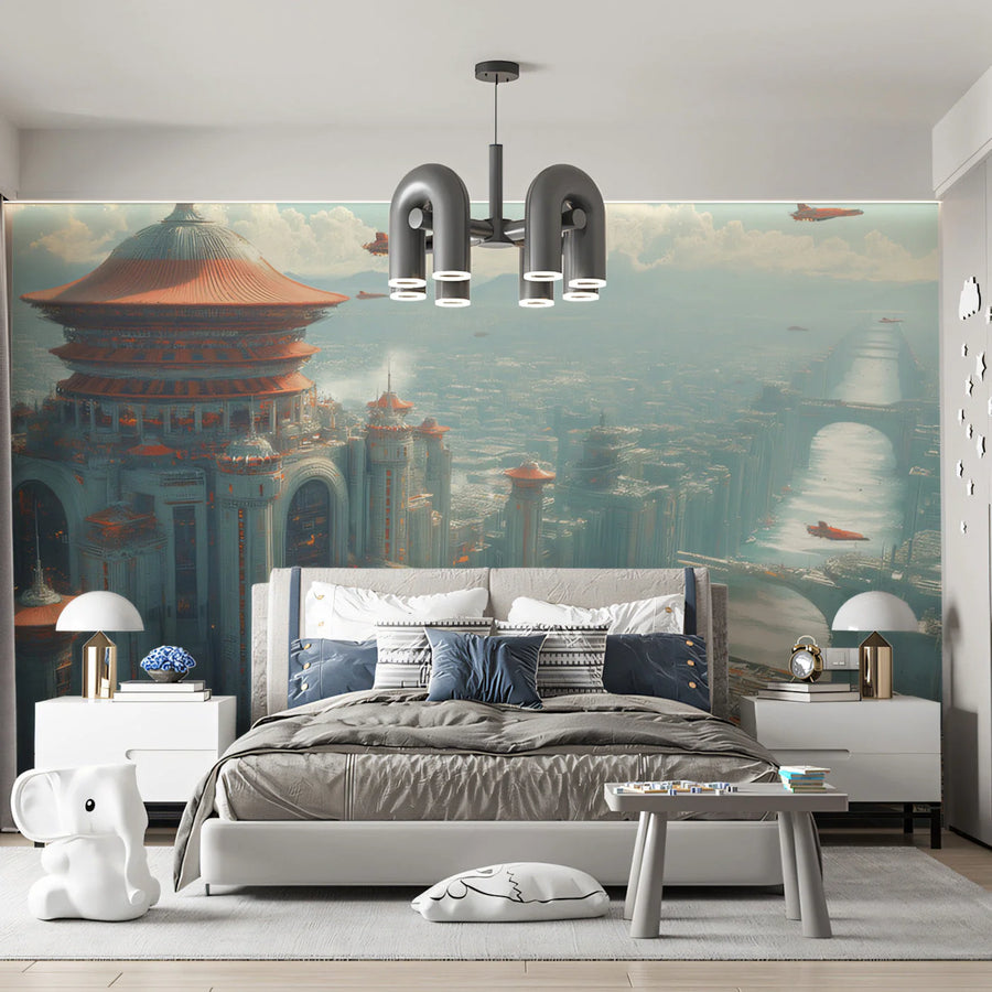 Celestial Metropolis Mural Wallpaper — Futuristic Sci-Fi Cityscape Mural Wallpaper