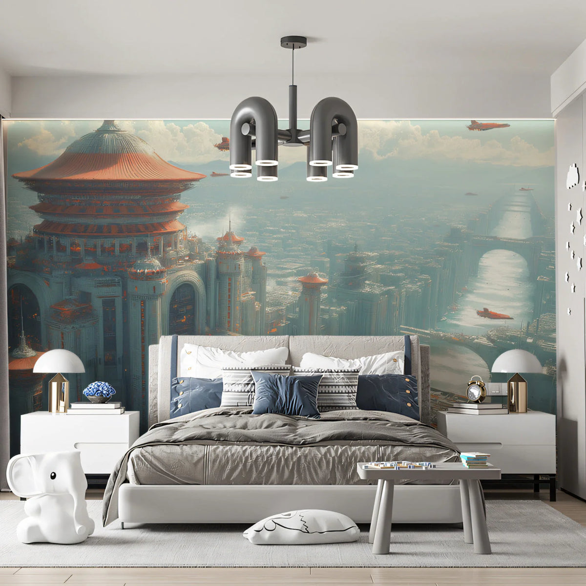 Celestial Metropolis Mural Wallpaper — Futuristic Sci-Fi Cityscape Mural Wallpaper - pure wallpaper artwork