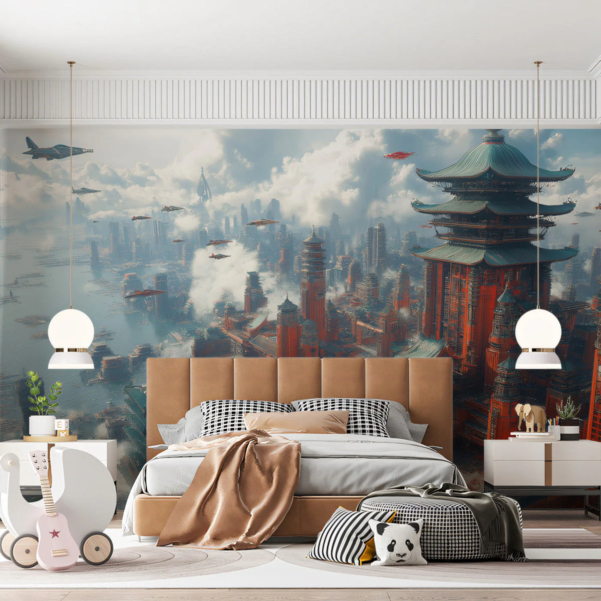 Futuristic Pagoda Cityscape Mural Wallpaper — Architectural Mural Mural Wallpaper - pure wallpaper artwork