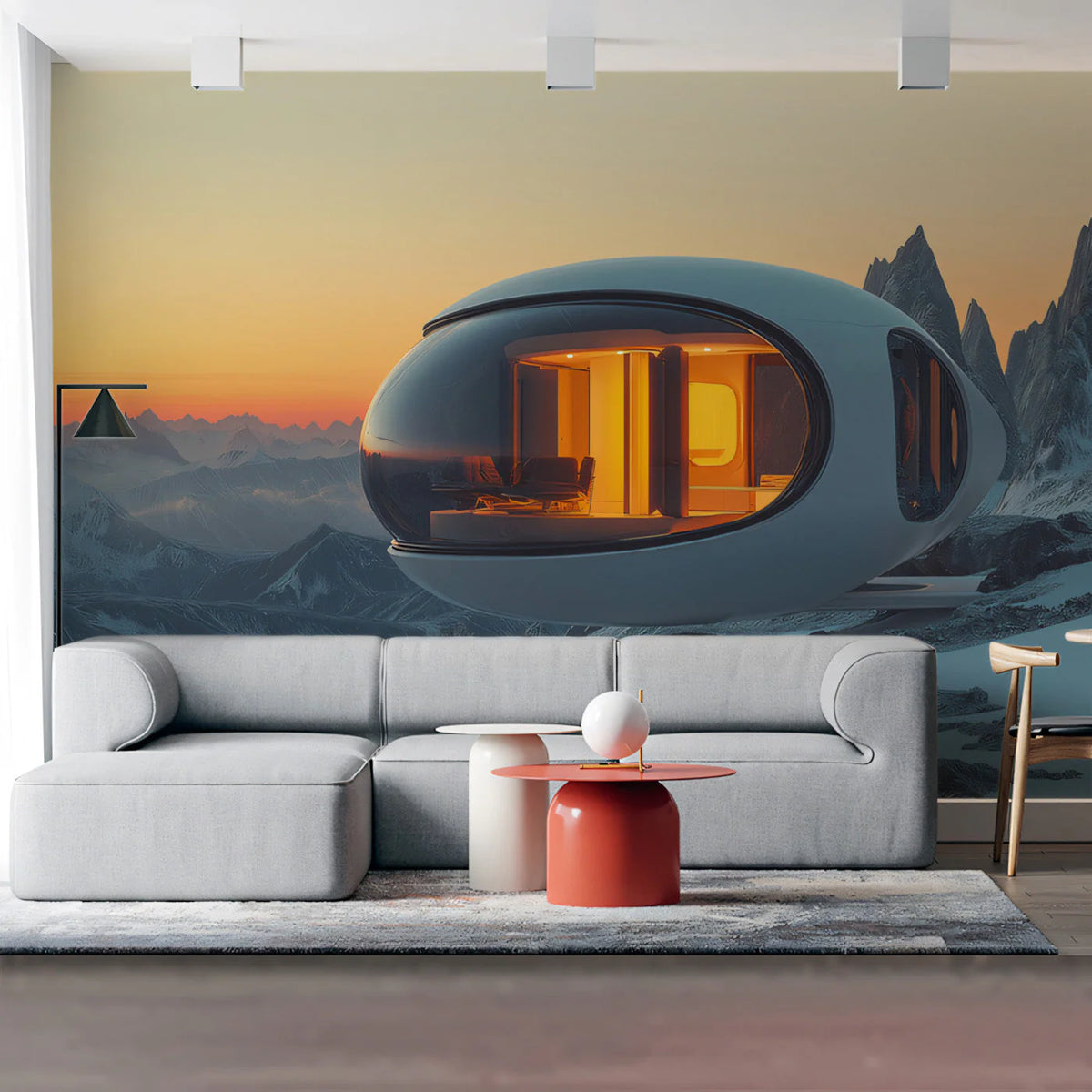 Futuristic Mountain Dwelling Mural Wallpaper — Sci-Fi Sunset Horizon Mural Wallpaper - pure wallpaper artwork
