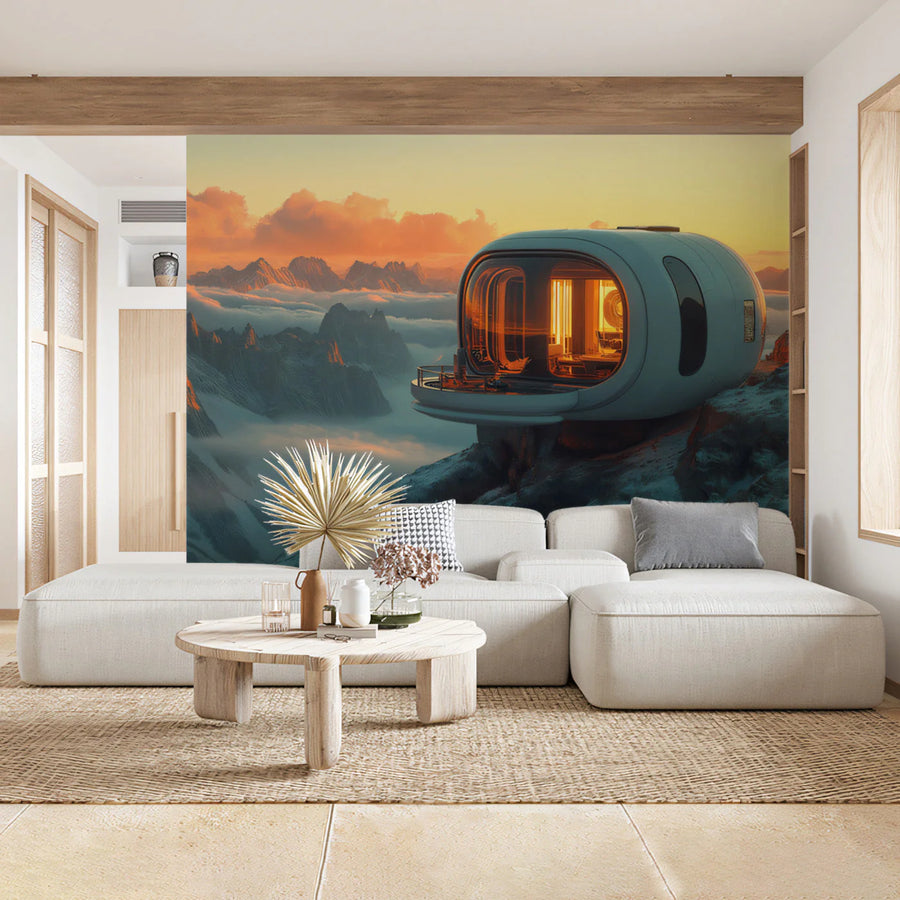 Futuristic Mountain Capsule Mural Wallpaper — Warm Sunset Glow Mural Wallpaper