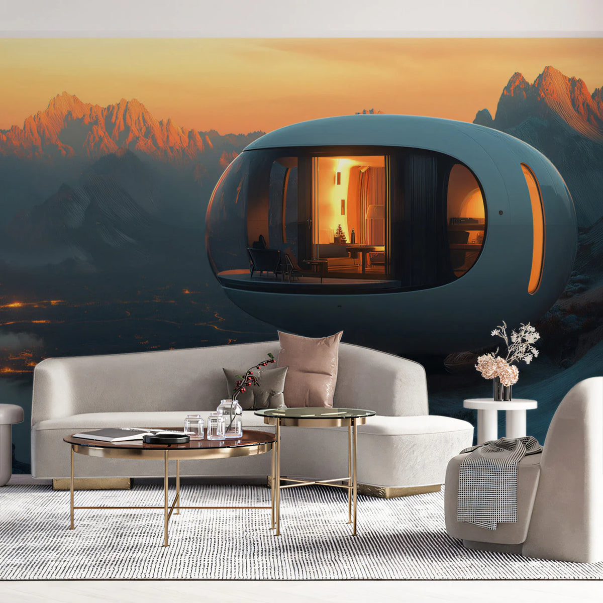 Futuristic Mountain Dwelling Mural Wallpaper — Sci-Fi Sunset Landscape Mural Wallpaper - pure wallpaper artwork