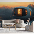 Futuristic Mountain Dwelling Mural Wallpaper — Sci-Fi Sunset Landscape Mural Wallpaper - pure wallpaper artwork
