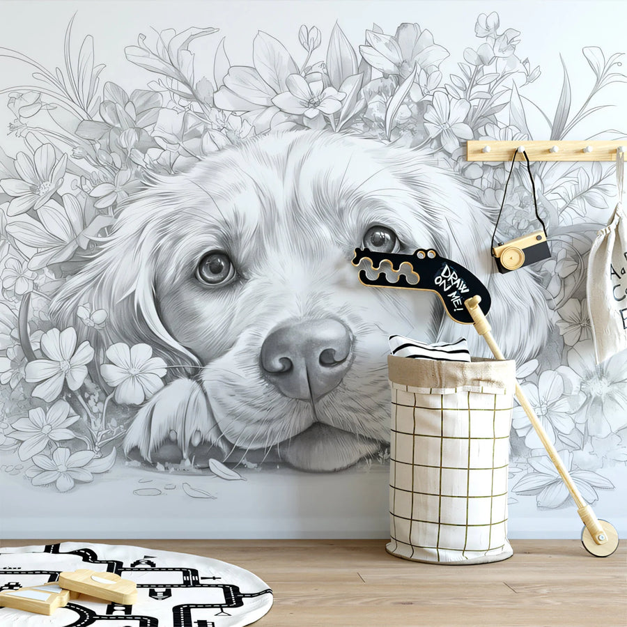 Golden Retriever Floral Sketch Mural Wallpaper — Monochrome Art Mural Wallpaper