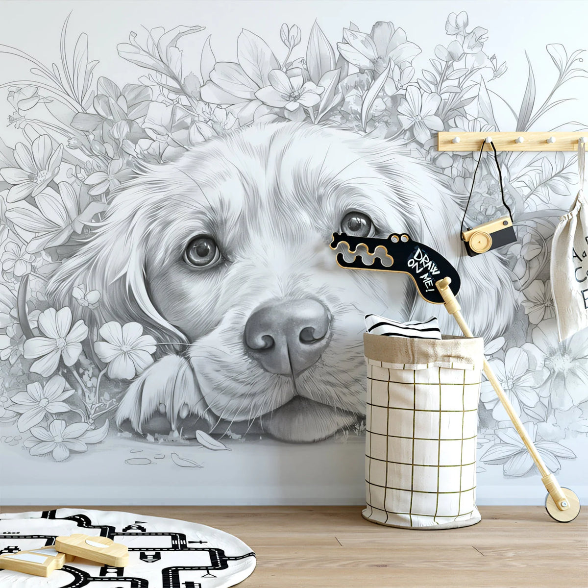 Golden Retriever Floral Sketch Mural Wallpaper — Monochrome Art Mural Wallpaper - pure wallpaper artwork