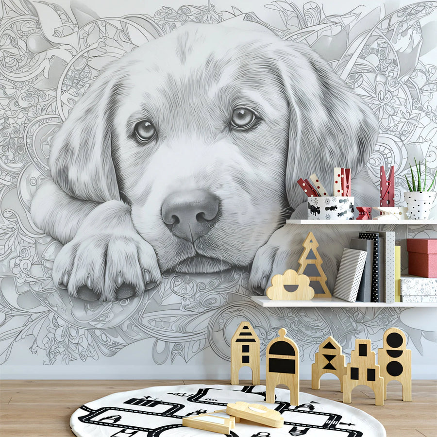 Golden Retriever Sketch Mural Wallpaper — Monochrome Floral Art Mural Wallpaper