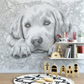 Golden Retriever Sketch Mural Wallpaper — Monochrome Floral Art Mural Wallpaper - pure wallpaper artwork