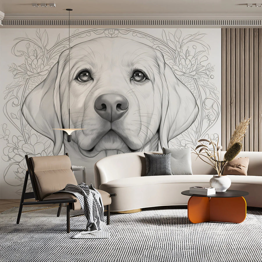 Golden Retriever Floral Mural Wallpaper — Line Art Sketch Style Mural Wallpaper