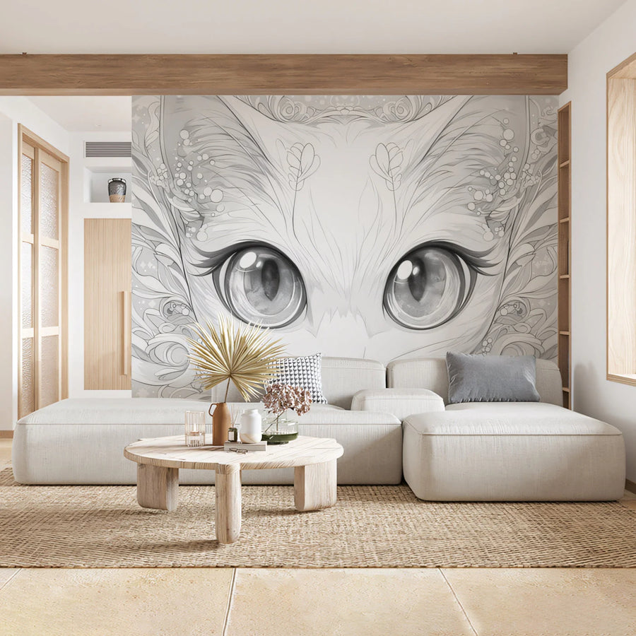 Mystical Cat Portrait Mural Wallpaper — Ornamental Monochrome Line Art Mural Wallpaper
