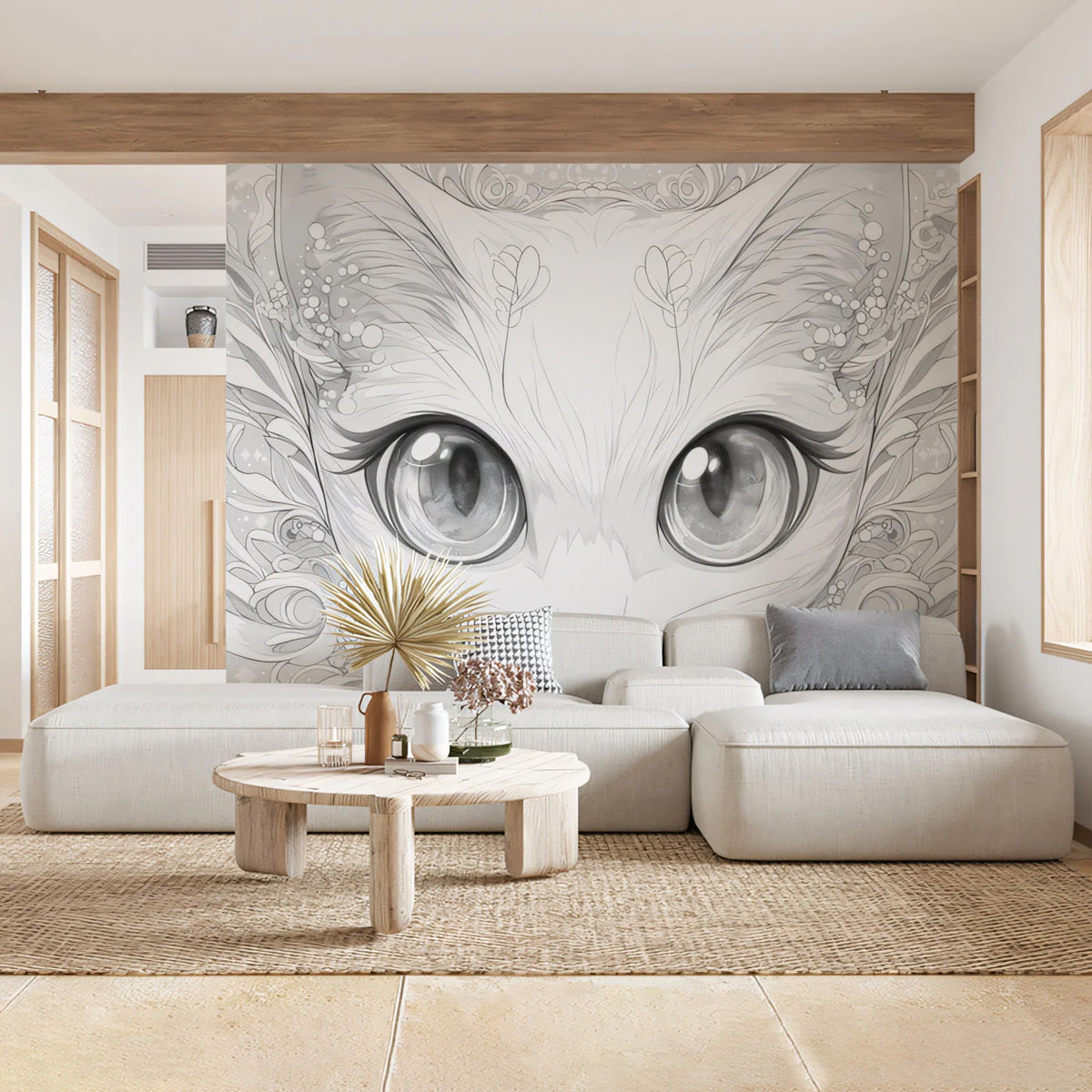 Mystical Cat Portrait Mural Wallpaper — Ornamental Monochrome Line Art Mural Wallpaper - pure wallpaper artwork