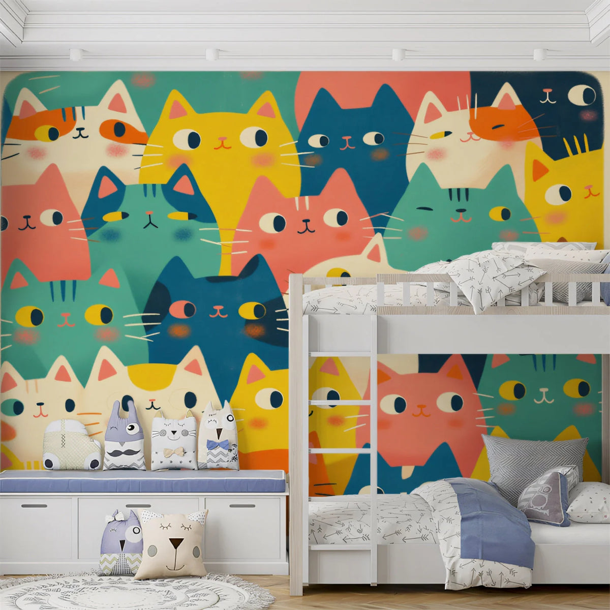 Playful Cat Faces Mural Wallpaper — Whimsical Multicolored Design Mural Wallpaper - pure wallpaper artwork