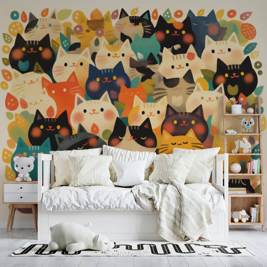 Whimsical Cats Pattern Mural Wallpaper — Playful Illustration Mural Wallpaper