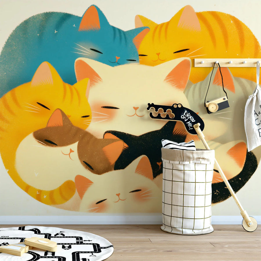 Cuddling Cats Illustration Mural Wallpaper — Whimsical Decor Mural Wallpaper