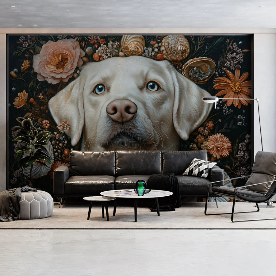 Labrador Retriever Botanical Mural Wallpaper — Midnight Floral Study Mural Wallpaper