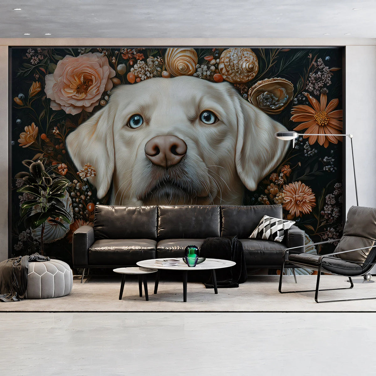 Labrador Retriever Botanical Mural Wallpaper — Midnight Floral Study Mural Wallpaper - pure wallpaper artwork