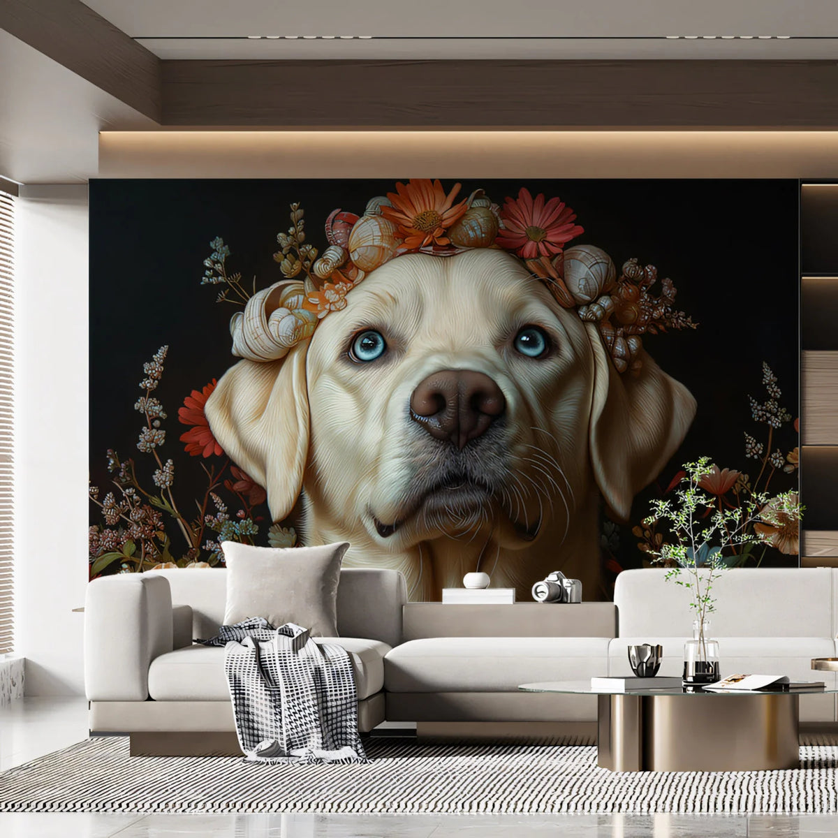 Labrador Retriever Floral Mural Wallpaper — Moody Portrait Art Mural Wallpaper - pure wallpaper artwork