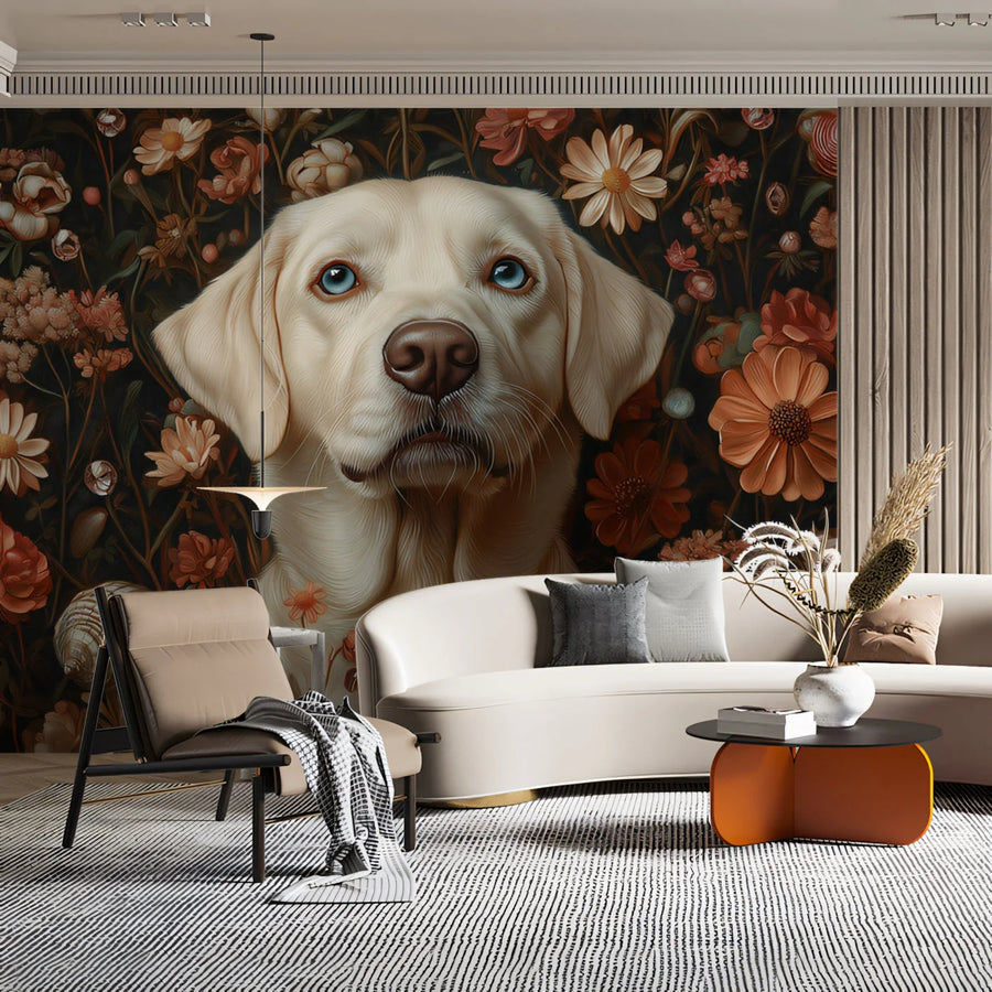 Labrador Retriever Floral Mural Wallpaper in Dark Moody Tones Mural Wallpaper