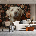 Labrador Retriever Floral Mural Wallpaper in Dark Moody Tones Mural Wallpaper - pure wallpaper artwork