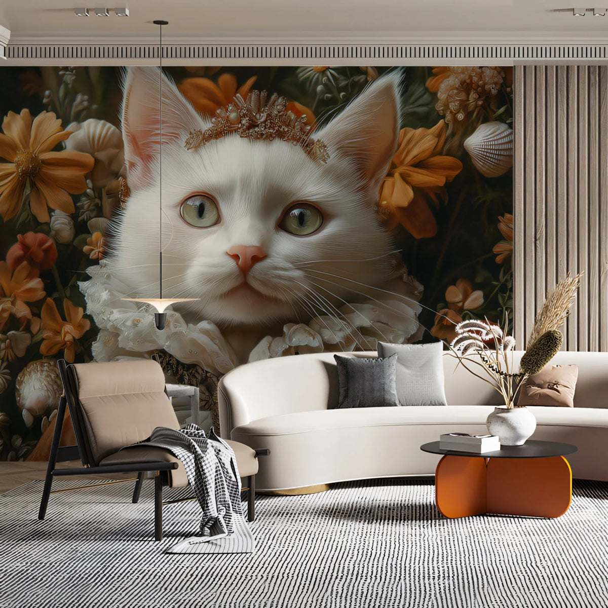 Royal White Cat Mural Wallpaper — Whimsical Floral Fantasy Mural Wallpaper - pure wallpaper artwork