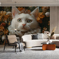 Royal White Cat Mural Wallpaper — Whimsical Floral Fantasy Mural Wallpaper - pure wallpaper artwork