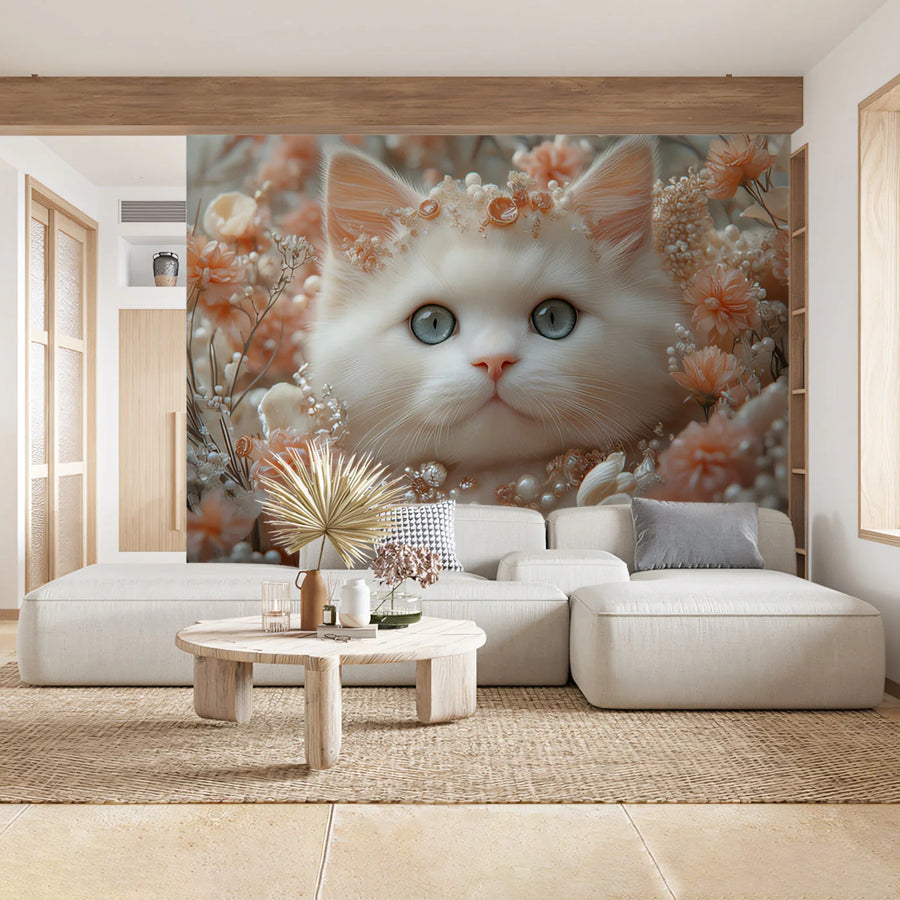 White Fluffy Cat and Floral Mural Wallpaper — Dreamy Pastel Mural Wallpaper