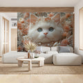 White Fluffy Cat and Floral Mural Wallpaper — Dreamy Pastel Mural Wallpaper - pure wallpaper artwork