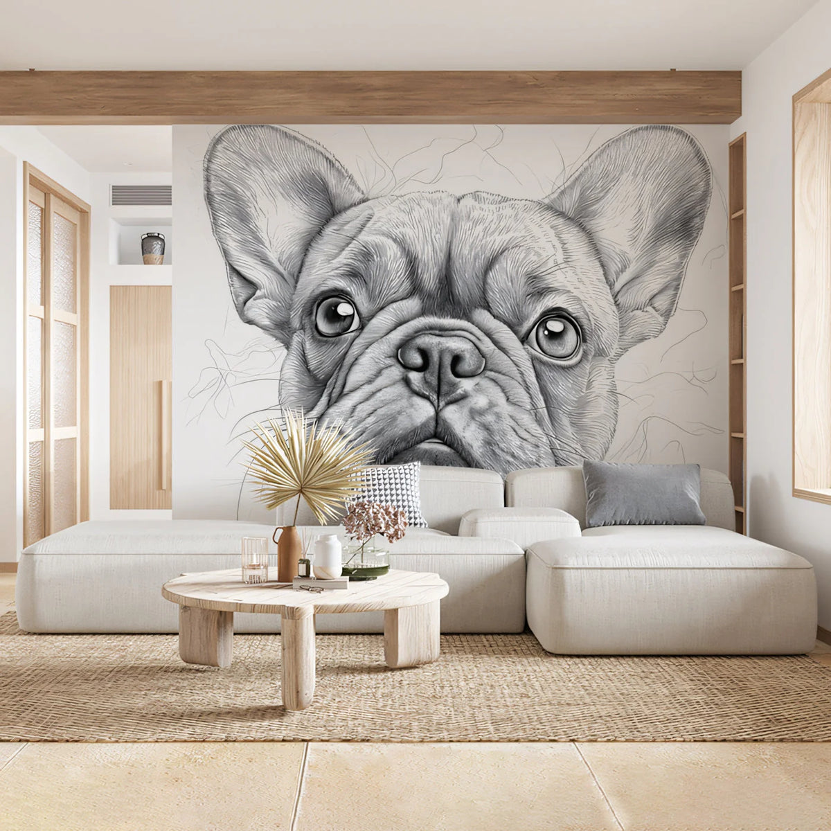 French Bulldog Sketch Mural Wallpaper — Artistic Monochrome Design Mural Wallpaper - pure wallpaper artwork