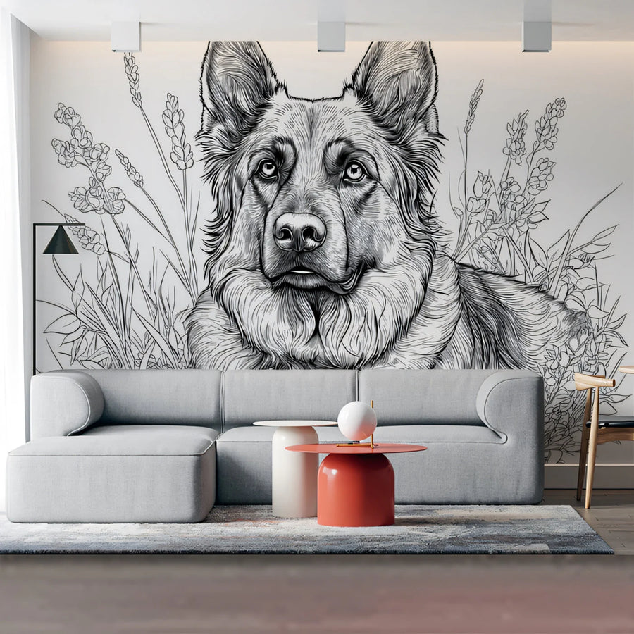 German Shepherd Dog Mural Wallpaper — Monochrome Line Art Mural Wallpaper