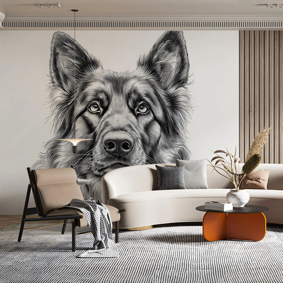 German Shepherd Portrait Mural Wallpaper — Minimalist Sketch Style Mural Wallpaper