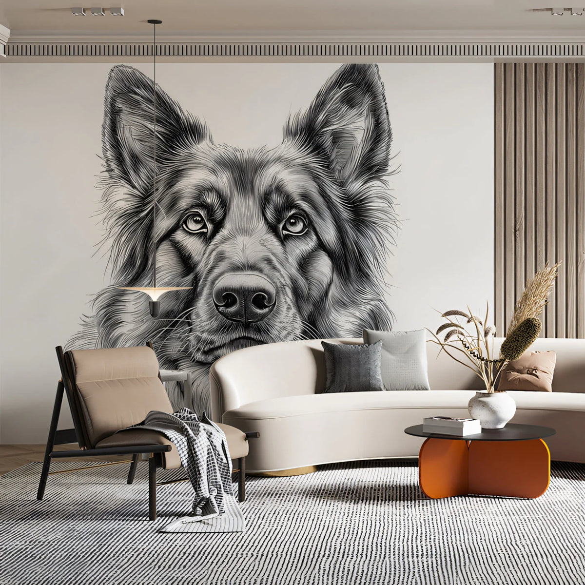 German Shepherd Portrait Mural Wallpaper — Minimalist Sketch Style Mural Wallpaper - pure wallpaper artwork