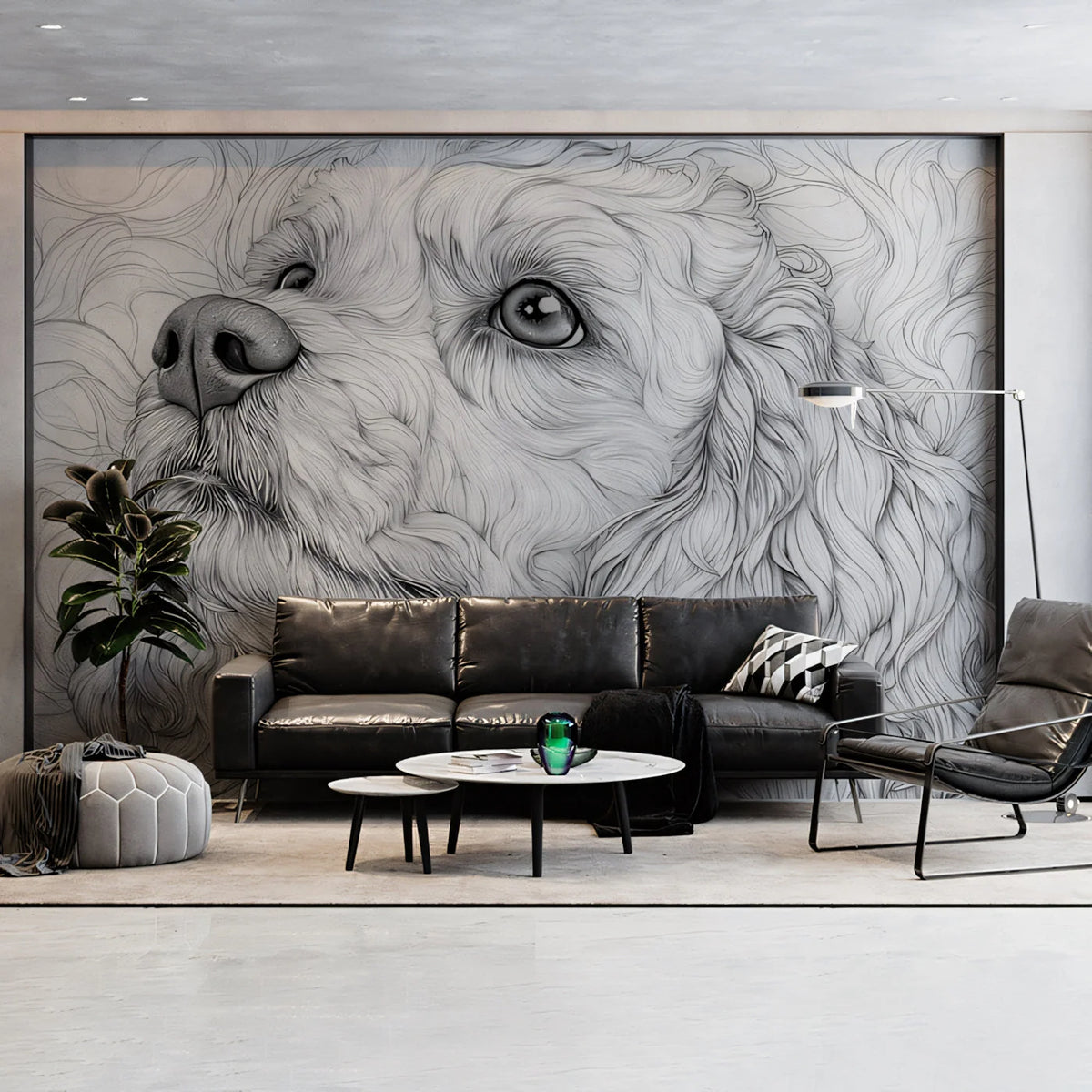 Curly Haired Dog Line Art Mural Wallpaper — Monochrome Sketch Mural Wallpaper - pure wallpaper artwork