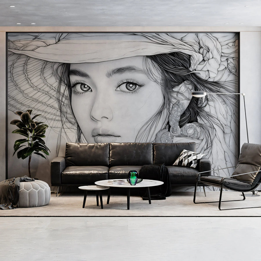 Portrait of a Woman with Floral Hat Mural Wallpaper