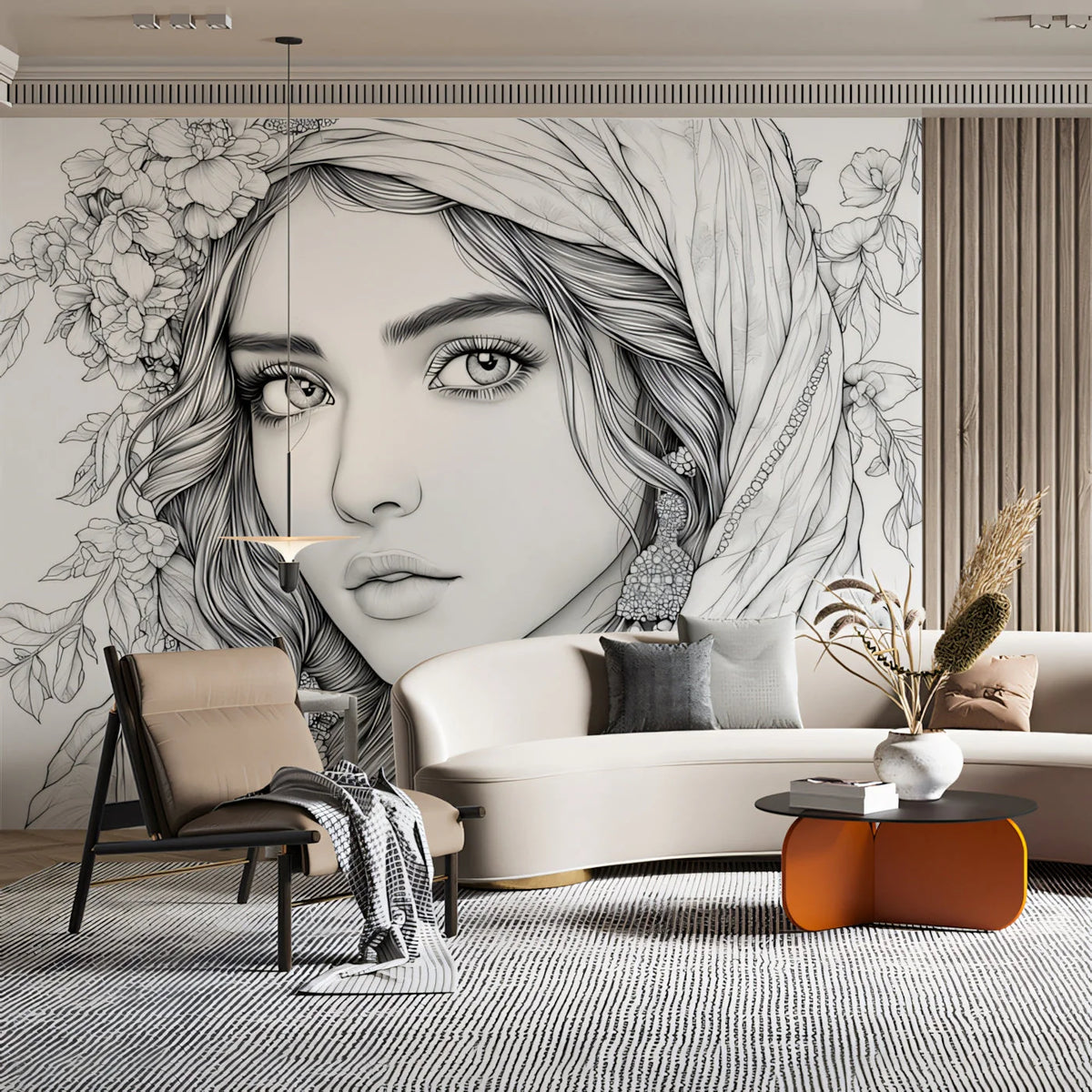 Woman Portrait with Floral Veil Mural Wallpaper — Artistic Sketch Mural Wallpaper - pure wallpaper artwork