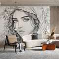 Woman Portrait with Floral Veil Mural Wallpaper — Artistic Sketch Mural Wallpaper - pure wallpaper artwork