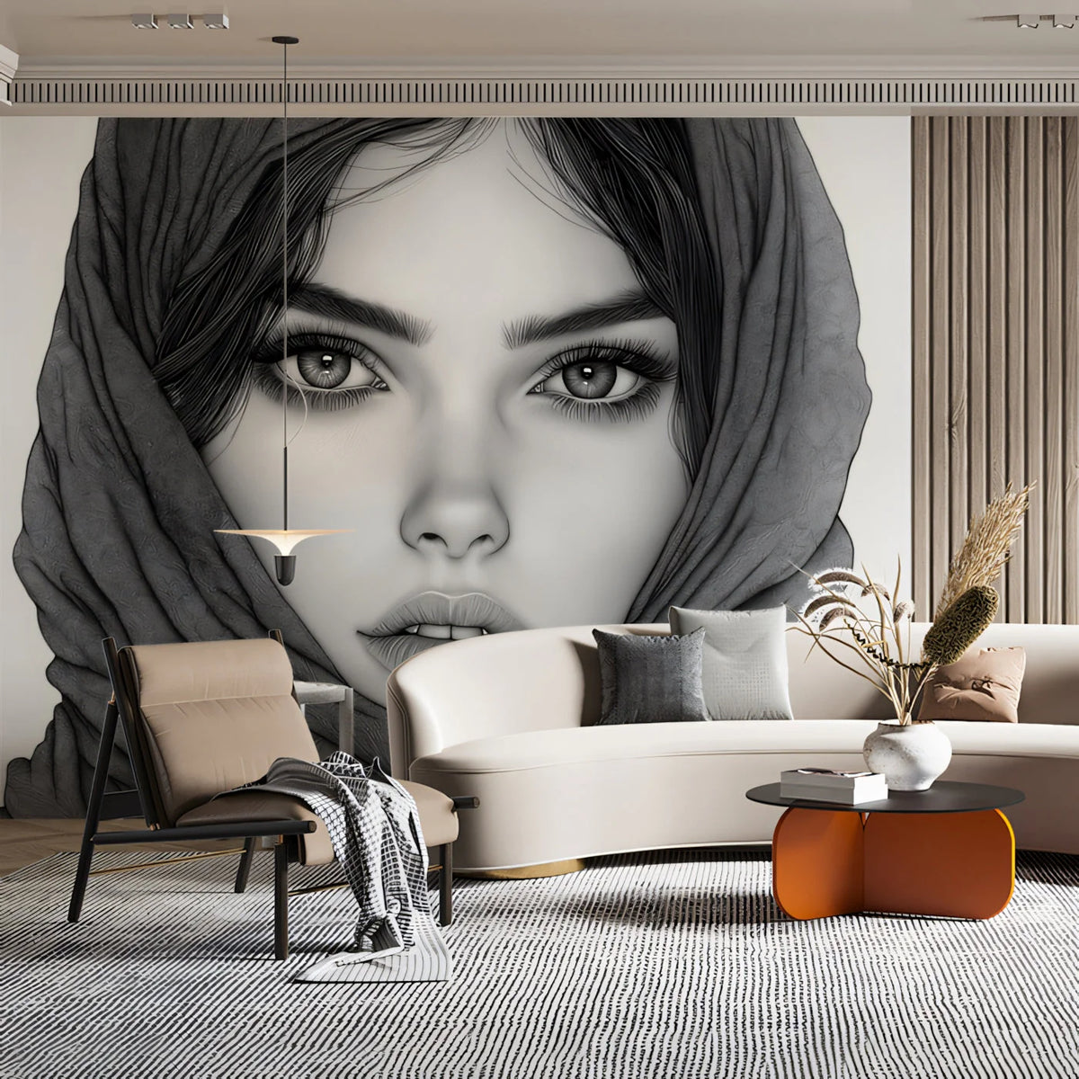 Veiled Portrait Mural Wallpaper — A Striking Monochrome Statement Mural Wallpaper - pure wallpaper artwork