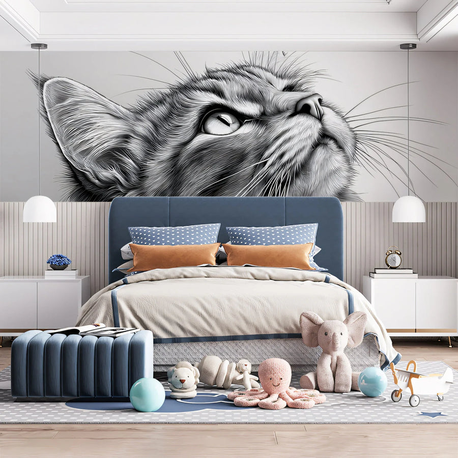 Inquisitive Cat Portrait Mural Wallpaper — Monochrome Sketch Style Mural Wallpaper