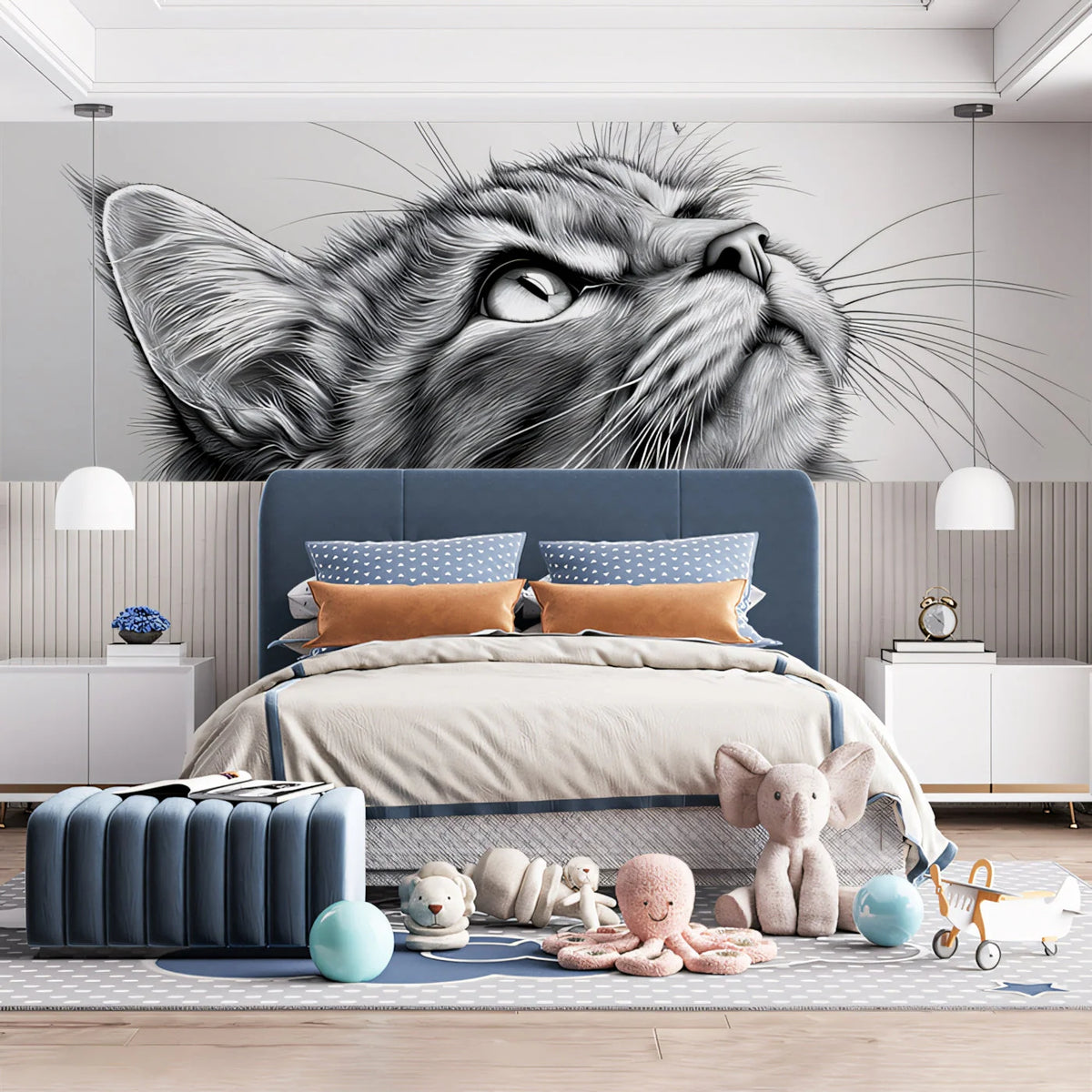 Inquisitive Cat Portrait Mural Wallpaper — Monochrome Sketch Style Mural Wallpaper - pure wallpaper artwork